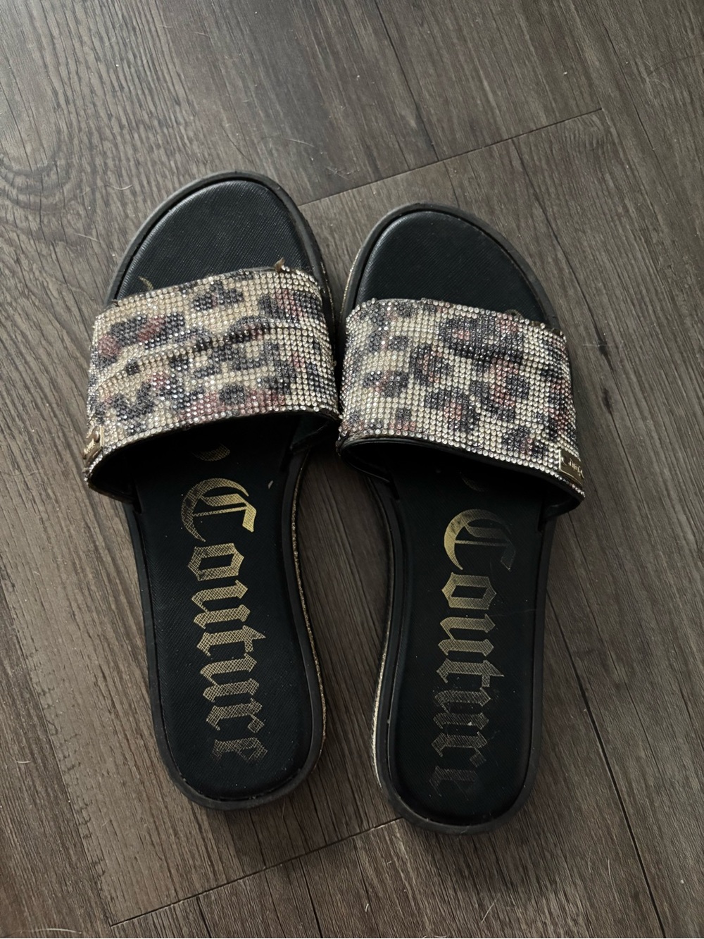 Juicy Couture Leopard Crystal Slide Sandals - Black & Brown